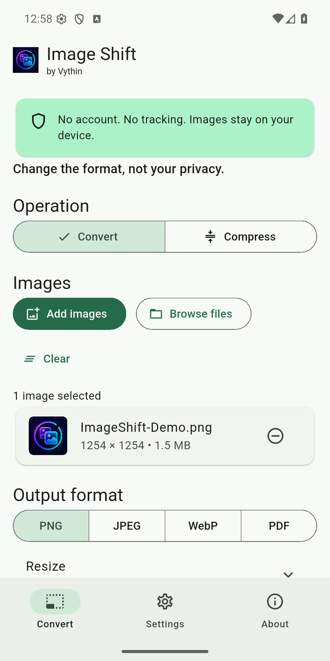 Conversion screen with selected Image Shift fixture
