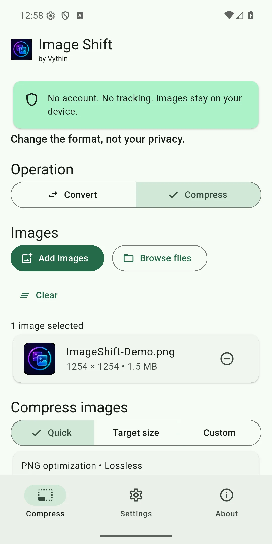 Compression screen with lossless PNG controls