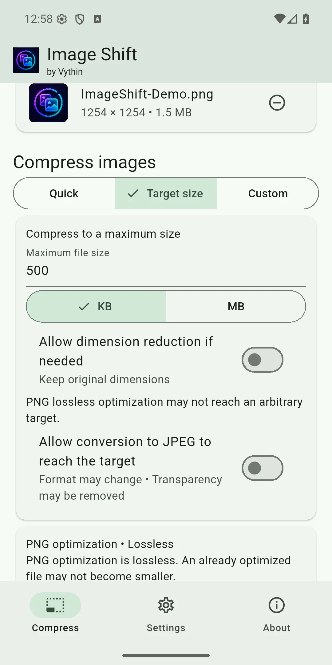 Target-size compression controls in kilobytes and megabytes