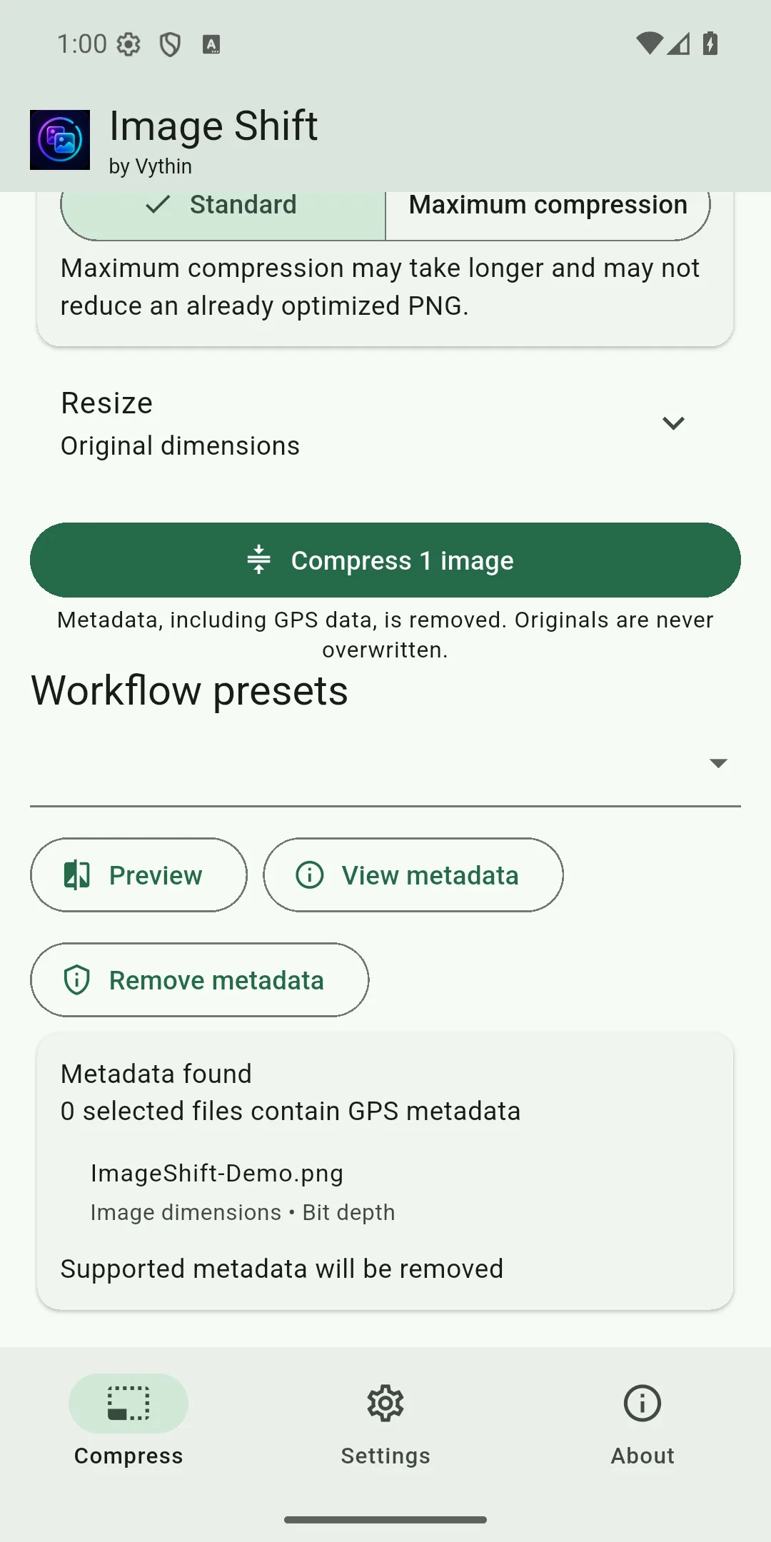 Local metadata inspection screen