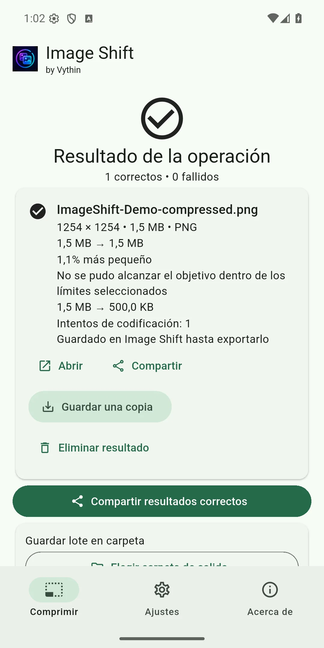 Resultado de compresión y acciones de exportación en español