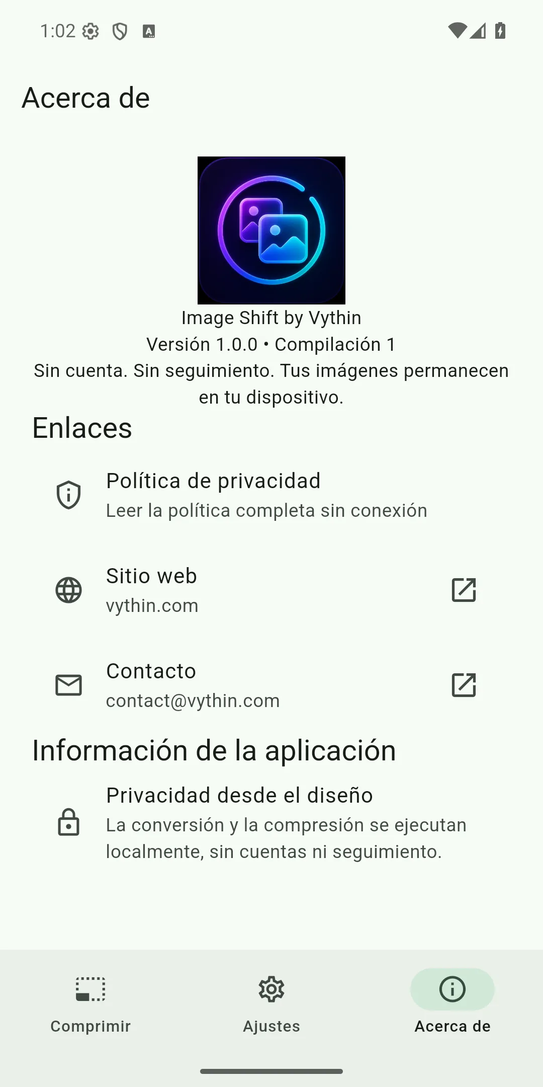 Pantalla Acerca de y privacidad en español