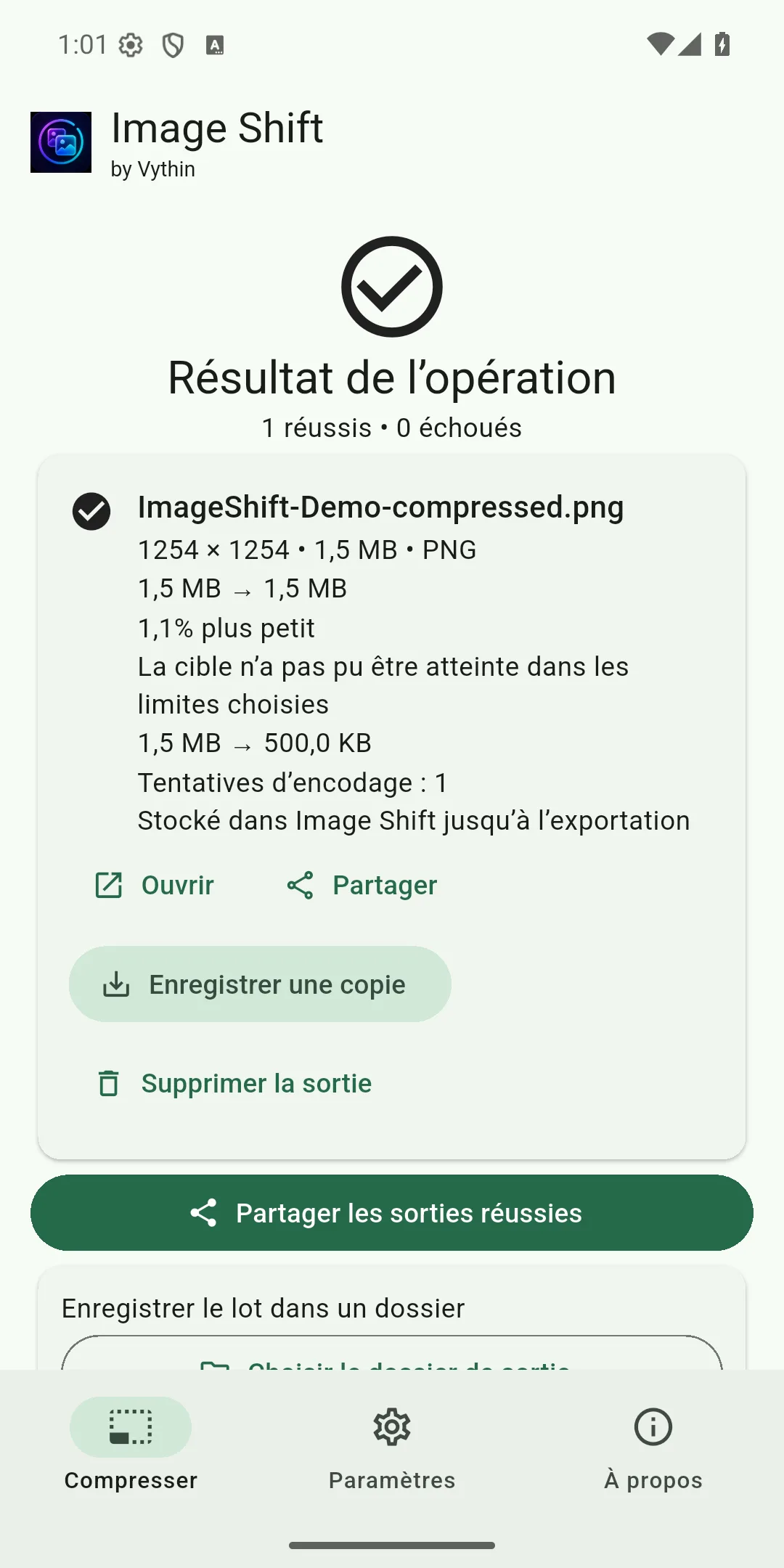 Résultat de compression et actions d’export en français