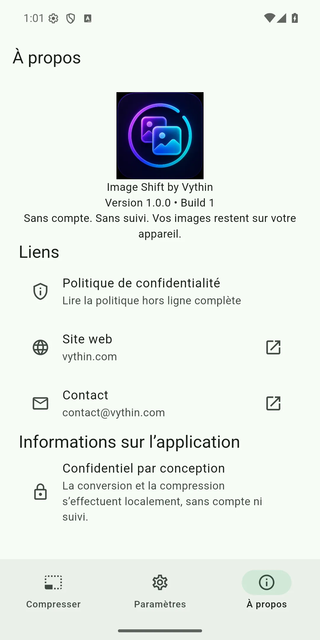 Écran À propos et confidentialité en français