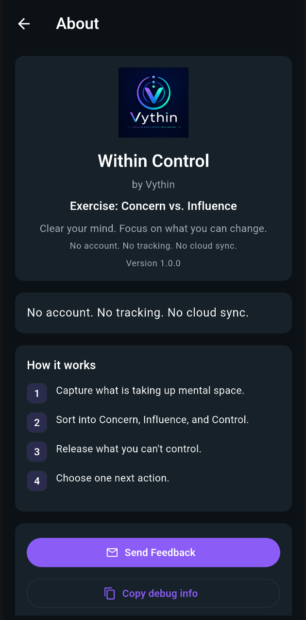 About screen showing Within Control by Vythin