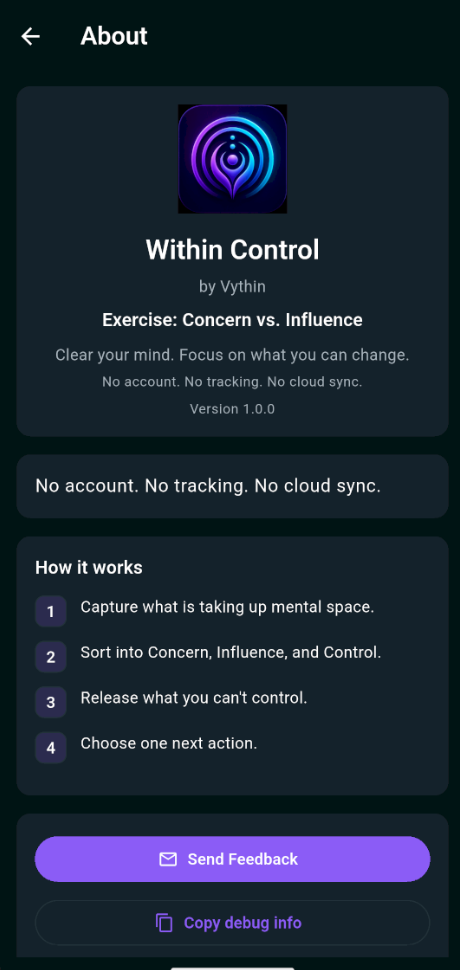 About screen showing Within Control by Vythin