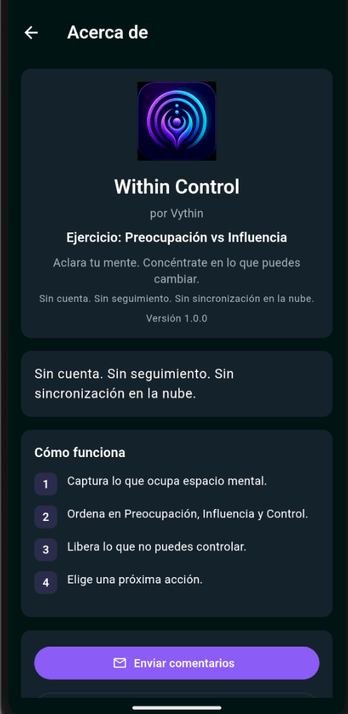 Pantalla Acerca de con Within Control by Vythin