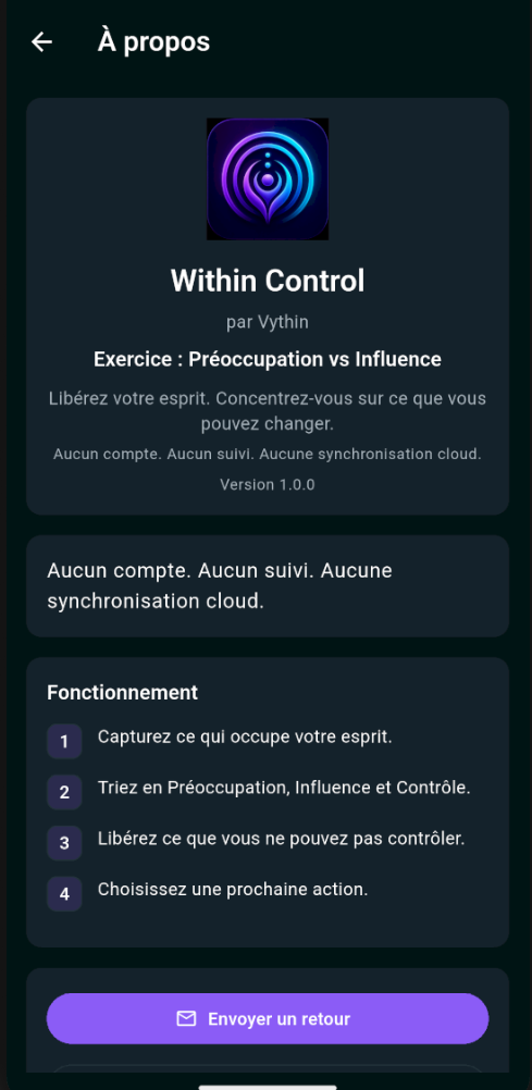 Ecran A propos indiquant Within Control by Vythin